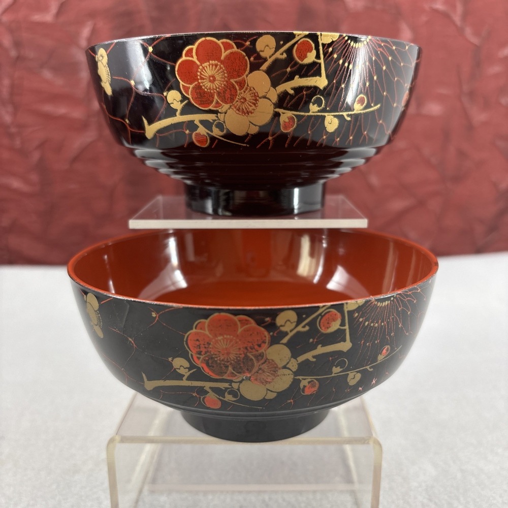Japanese Lacquerware Bowls Soup Rice Noodles Red Black Gold Floral Miso Japan - Picture 14 of 16